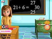 Playing Inside Out Math Quiz online, a free educational game featuring Joy and Anger where the player solves math problems for Riley.
