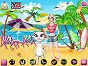 Screenshot of Elsa and Angela Surf game showing the Frozen princess and Talking Angela on a decorated tropical beach with surfboards and summer accessories