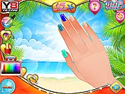 Beach Nail Studio free online game screenshot of a hand with vibrant summer nail art decorated with shells and starfish