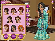 Sari Design online dress-up game featuring a beautiful Indian girl wearing a traditional colorful sari
