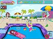 Monster High Messy Swimming Pool cleanup game screenshot, Lagoona Blue and Clawdeen Wolf's party location, picking up litter and waste