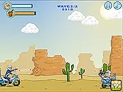 Three Thieving Thugs free online action game showing armed characters escaping from cops with explosions in the background on PlayArcadeHub