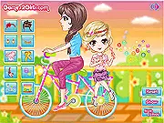 Blowing Bubbles on the Bicycle free online dress up game showing a girl with a bubble maker ready for a city bike trip with her sister on PlayArcadeHub