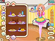 Cupcake Shop Maid Dressup free online game screenshot - a cute maid character wearing a fashionable apron and holding a cupcake