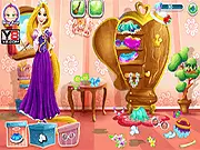 Rapunzel Wardrobe Cleaning free online game showing Princess Rapunzel standing in a cluttered room with various baskets for sorting clothes and accessories.