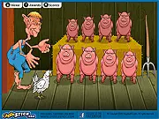 Poke A Pig game screenshot, multiple cartoon pigs lined up ready to be poked to play musical notes, free online music creativity game