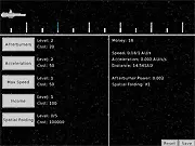 Screenshot of Acceleration Incremental idle clicker game showing a simple spaceship and UI with buttons for speed upgrades and acceleration boosts.