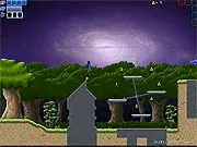 Screenshot of the Last Legacy: Null Space platformer game showing the protagonist standing on a block of ground, next to a wormhole, with various enemies and floating blocks in the background
