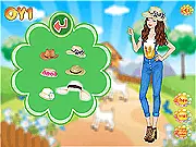 Sunny Farm Girl dress-up game screenshot showing a girl in stylish farm attire standing in a sunny field