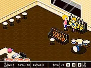 Roxy Instrument Store game screenshot showing a brightly decorated music shop with guitars, drums, and a friendly store owner