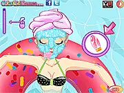 Screenshot of the Summer Swimming Pool Girl Makeover game showing a stylish cartoon girl named Ellie in a vibrant bathing suit, ready for her pool party