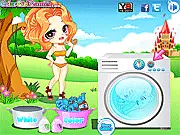 Screenshot of the Little Princess Laundry game showing a cute cartoon princess standing next to a pile of muddy clothes and a washing machine, with a clean wardrobe option in the background