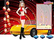 Screenshot of the Bella & Alexandre Car Model Makeover game showing the two models, Bella and Alexandre, in a stylish, coordinated pose next to a sleek car at an automobile fair