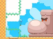 Screenshot of Hot Air Jr game, main character flying a hot air balloon to find his lost dog, free online physics platformer