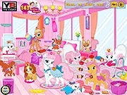 Princess Pets Room Cleaning game image showing Princess Sofia surrounded by a messy room full of pet toys and scattered items, ready for a clean-up challenge.