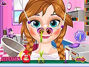 Screenshot of Anna Doctor Nose Check game showing a princess character being treated with medical tools in a doctor's office, playing a free online simulation game on PlayArcadeHub.