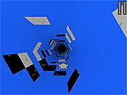 Screenshot of the Run 3 game showing a gray alien character running inside a geometric tunnel in space
