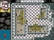 Screenshot of DROD: King Dugan's Dungeon gameplay, showing the character Beethro with his sword in a grid-based dungeon room surrounded by monsters and environmental puzzle elements, turn-based strategy game