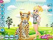 Animal Pal Dress Up game screenshot featuring Mia dressed in a stylish animal-themed outfit at the zoo. Play free online animal fashion game.