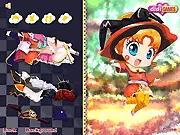 Screenshot of Little Witch Party online game, featuring a character dressed in a magical, festive witch outfit next to a cauldron.