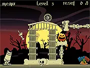 Screenshot of The Bony Puzzler game showing a cannon aimed at pumpkins and obstacles in a spooky Halloween-themed physics puzzle environment, playing a free online game on PlayArcadeHub.