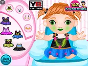 Screenshot of Messy Baby Anna Care online game, showing Baby Anna covered in food before a cleanup, or dressed up in the garden.