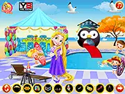 Screenshot of Baby Rapunzel Pool Party online game, showing the princess enjoying a brightly decorated poolside area.