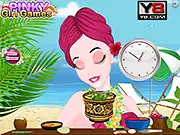 Screenshot of Princess Beauty Hawaii Beach Spa online game, showing Princess Bella receiving a relaxing spa treatment near the seashore.