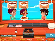 Screenshot of Serena's Seafood Frenzy gameplay, showing Serena at her busy beach food stand, serving customers, cooking, time management game, play online