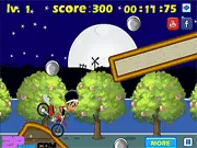 Screenshot of Uncle Merid Rides Motorcycle game, showing a rider on a dirt bike in a dark, hilly environment, driving, free online game