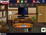Mirchi Wooden House Escape free online game screenshot, solving a puzzle inside a cabin on PlayArcadeHub