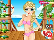 Screenshot of Frozen Elsa Beach Prep game showing the princess getting a pedicure or facial treatment, preparing for her summer beach holiday in a free online makeover game on PlayArcadeHub.