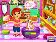 Screenshot of Dora Puppy Caring game, showing the character Dora with a puppy and grooming tools, pet care, dress up game, play online