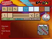 Scrabble Sprint online word game screenshot, showing letter tiles and a timer, emphasizing the quick puzzle challenge.