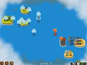 Gameplay screenshot of Battle For The Souls showing Angelic and Evil units clashing on a strategic map of an island, with resource indicators visible.