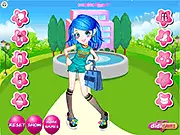 Screenshot of School Morning Dress Up showing a girl surrounded by fashionable summer camp clothes, accessories, and hairstyle options.