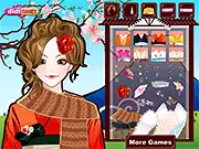 Screenshot of Japanese Kimono Dress Up showing the character Hiromi dressed in a colorful traditional kimono, complete with cultural makeup and hairstyle.