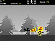 Screenshot of Metal Slug Stickman online shooting game showing a stick figure soldier shooting enemies on a side-scrolling war field