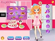Sweety Little Chef dress-up game image featuring host Sally in her kitchen set, selecting an apron and clothing for her show