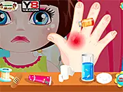 Screenshot of Dora Burn Treatment 2 game showing the character Dora with a bandage on her arm after receiving medical first aid treatment.