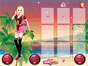 Beach Volleyball Sisters Dress Up game screenshot, featuring two girls, Sarah and Bella, wearing colorful swimwear and sporty outfits on a sunny beach.