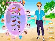 Free online dress-up game thumbnail for Father's Day Dressup, showing a happy dad on a beach, ready for a party, styling game