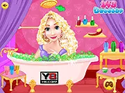 Screenshot of Princess Rapunzel Special Bath game showing Rapunzel relaxing in a bubble bath, with spa and beauty products available for a royal treatment.