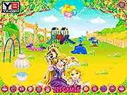 Screenshot of Baby Rapunzel Garden Decoration online game showing the princess ready to decorate her garden with flowers and furniture