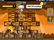Cat God vs Sun King 2 online game, Cat God character, Sun King's tower being destroyed by fireballs and meteors, 2-player mode