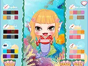 Twin Mermaids Dress Up game screenshot, featuring two beautiful mermaid sisters with sparkling tails and colorful hair, set against an ocean backdrop.