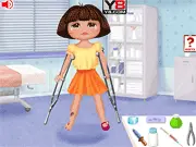 Play Dora Foot Doctor free online kids game, treating Dora's infected broken leg with medical tools