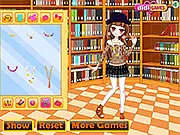 Library Student Dress Up game screenshot, showing a young girl dressed in a cute and trendy student outfit, ready to study and then see a movie.