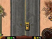 Highway Zombies game screenshot showing a car plowing through a horde of zombies on a road. Play free online zombie driving game.