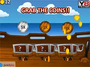 Pirates Treasure game screen, a wooden treasure chest opening and gold coins flying out, free online casino slot game